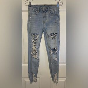 American Eagle Hi-Rise Jegging Crop Stretch Jeans Distressed Holes Size 2 Light
